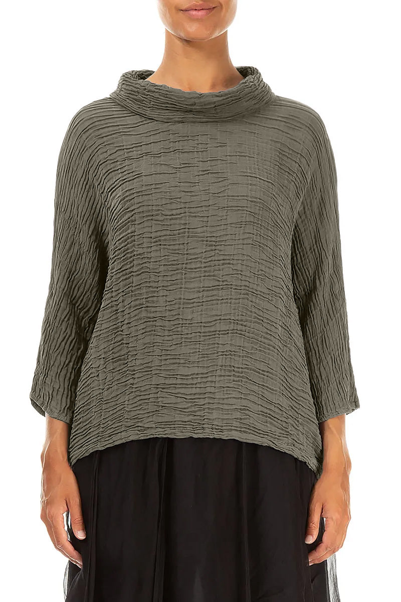 Cowl Neck Forest Mist Plissé Silk Blouse 1