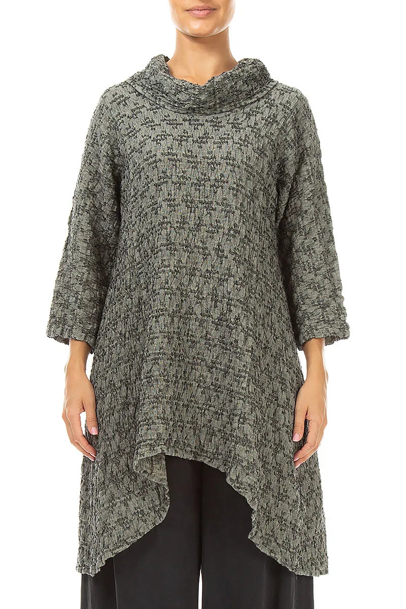 Cowl Neck Geometric Texture Olive Grey Linen Tunic 1