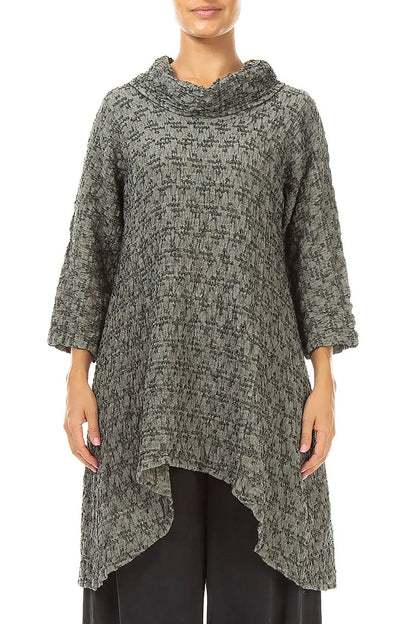 Cowl Neck Geometric Texture Olive Grey Linen Tunic 1