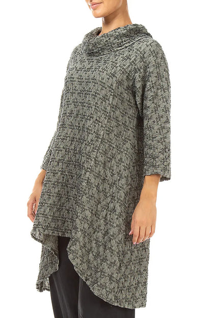 Cowl Neck Geometric Texture Olive Grey Linen Tunic 3