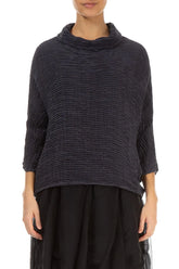 Cowl Neck Graphite Blue Plissé Silk Blouse 1