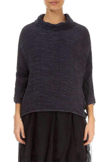 Cowl Neck Graphite Blue Plissé Silk Blouse 1