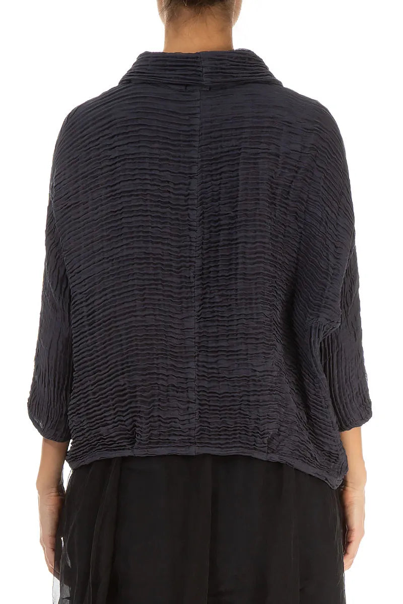 Cowl Neck Graphite Blue Plissé Silk Blouse 2