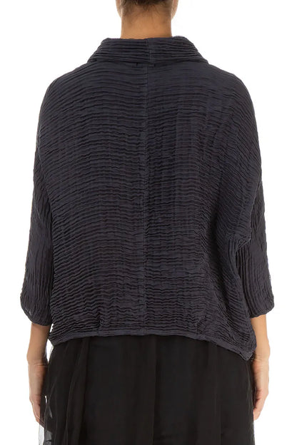 Cowl Neck Graphite Blue Plissé Silk Blouse 2