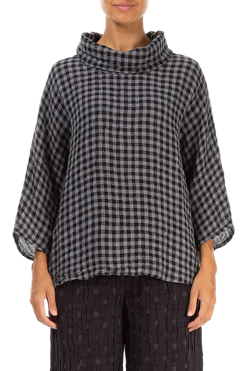 Cowl Neck Grey Check Linen Blouse 1