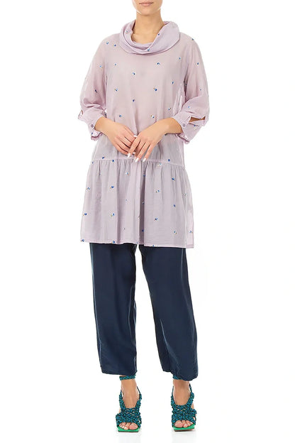Cowl Neck Lilac Embroidered Petals Cotton Tunic 4