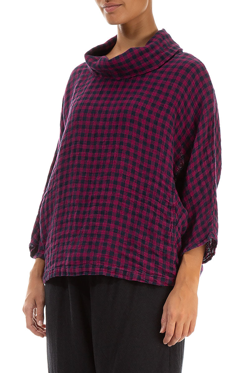 Cowl Neck Magenta Check Linen Blouse 3