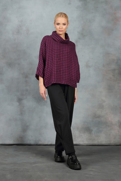 Cowl Neck Magenta Check Linen Blouse 6