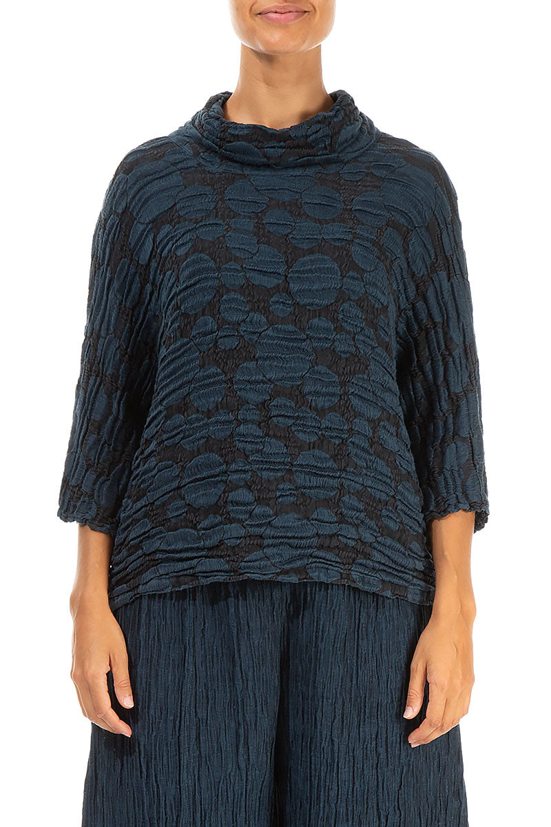 Cowl Neck Midnight Blue Circle Silk Linen Blouse 1