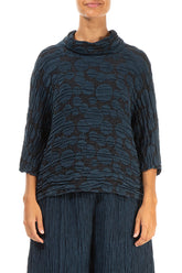 Cowl Neck Midnight Blue Circle Silk Linen Blouse 1