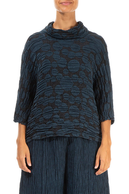 Cowl Neck Midnight Blue Circle Silk Linen Blouse 1