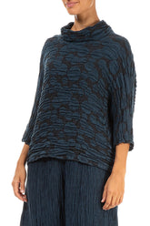 Cowl Neck Midnight Blue Circle Silk Linen Blouse 3