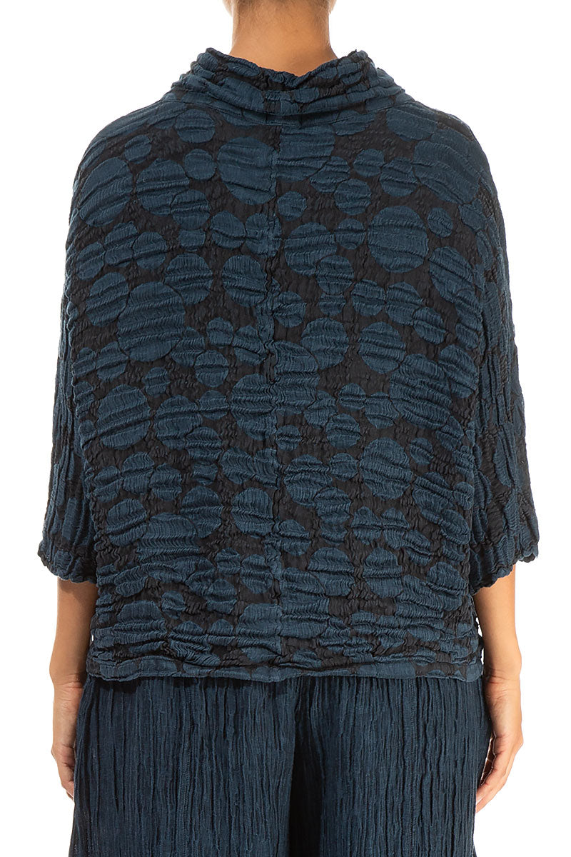 Cowl Neck Midnight Blue Circle Silk Linen Blouse 2