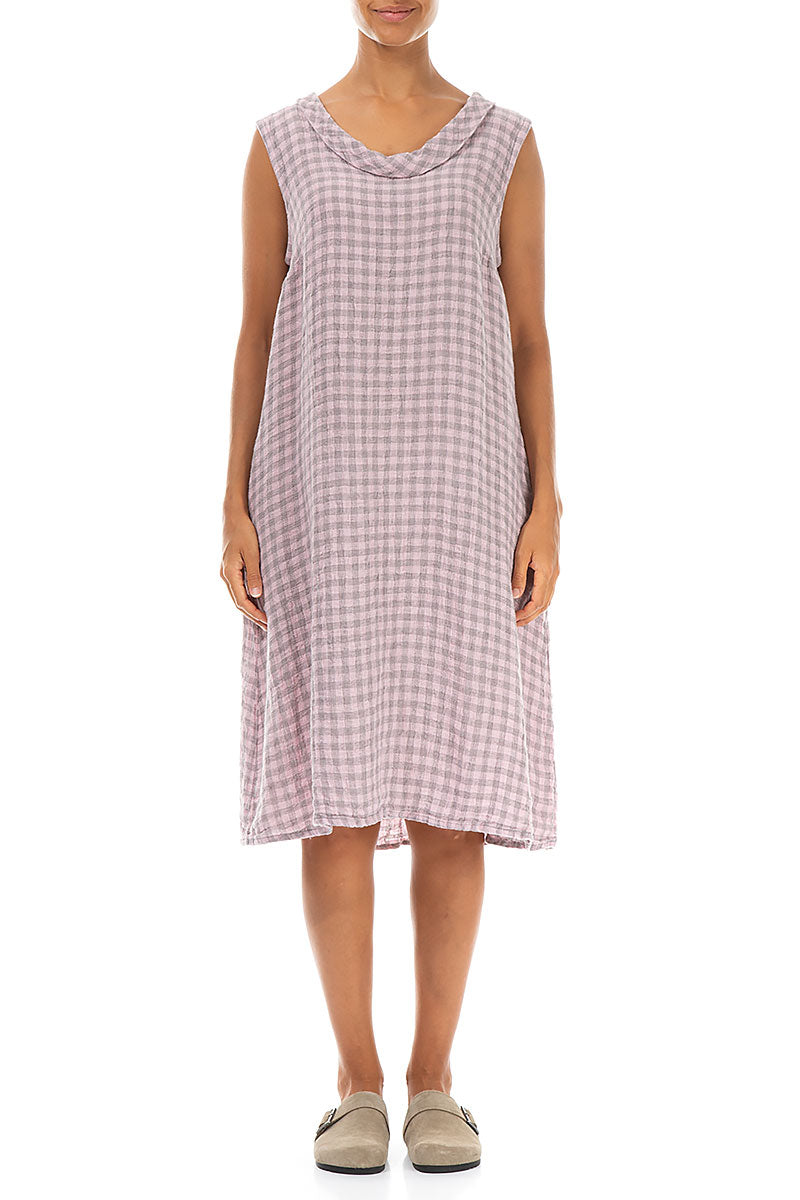 Cowl Neck Pink Check Linen Midi Dress
