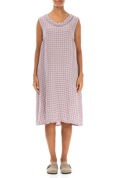 Cowl Neck Pink Check Linen Midi Dress