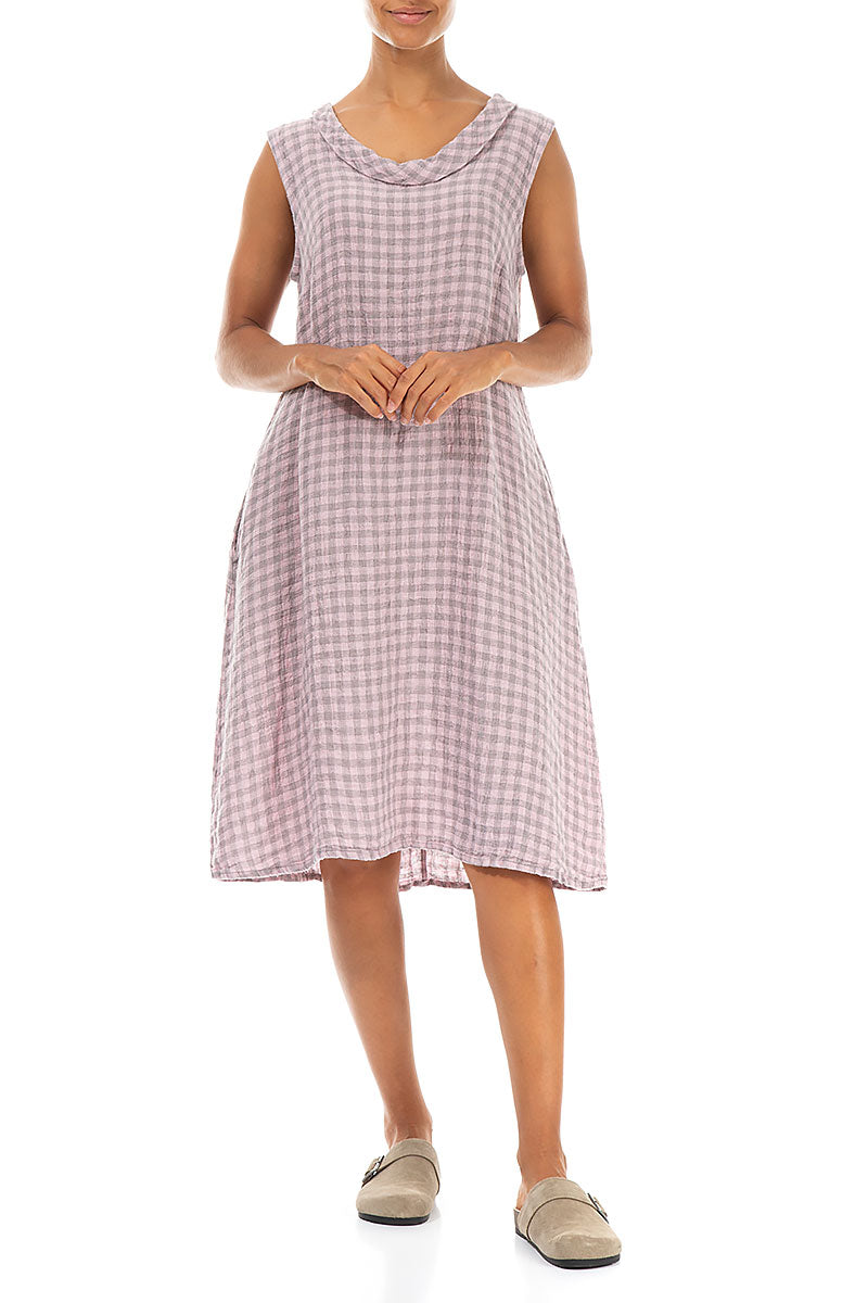 Cowl Neck Pink Check Linen Midi Dress