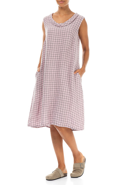Cowl Neck Pink Check Linen Midi Dress