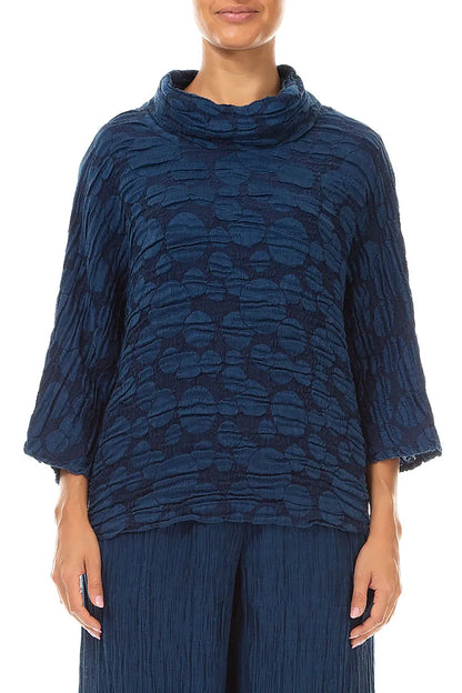 Cowl Neck Royal Blue Circle Silk Linen Blouse