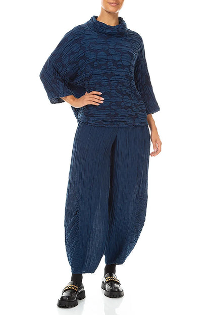 Cowl Neck Royal Blue Circle Silk Linen Blouse