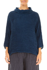 Cowl Neck Royal Blue Plissé Silk Blouse 1