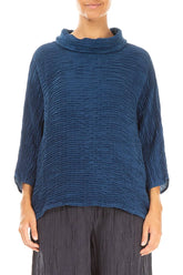 Cowl Neck Royal Blue Plissé Silk Blouse 1