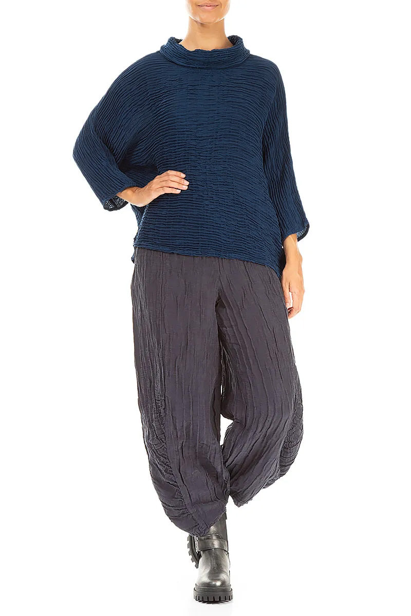 Cowl Neck Royal Blue Plissé Silk Blouse 4