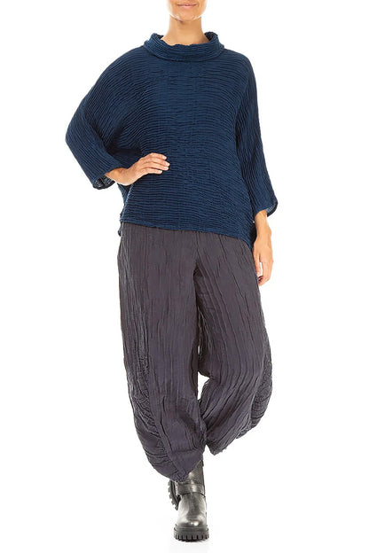 Cowl Neck Royal Blue Plissé Silk Blouse 4