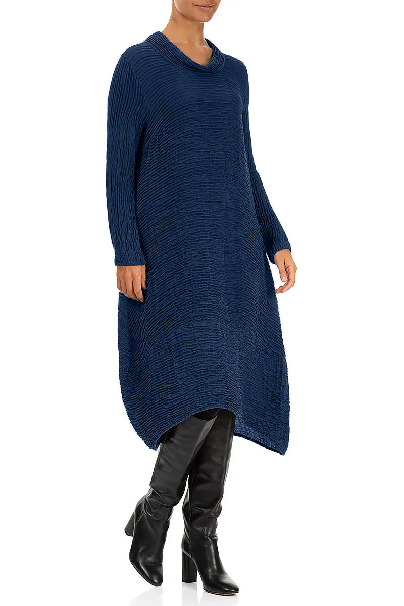 Cowl Neck Royal Blue Plissé Silk Dress 3