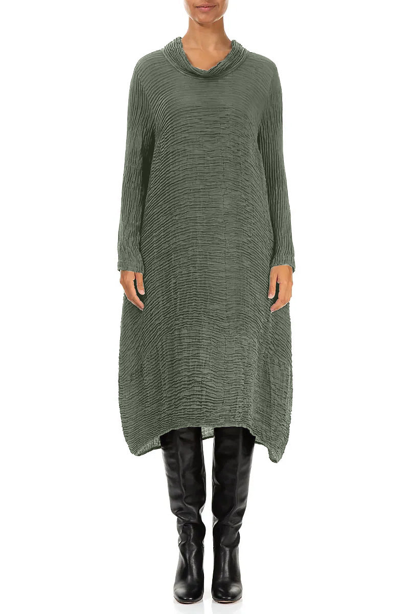 Cowl Neck Sage Plissé Silk Dress 1