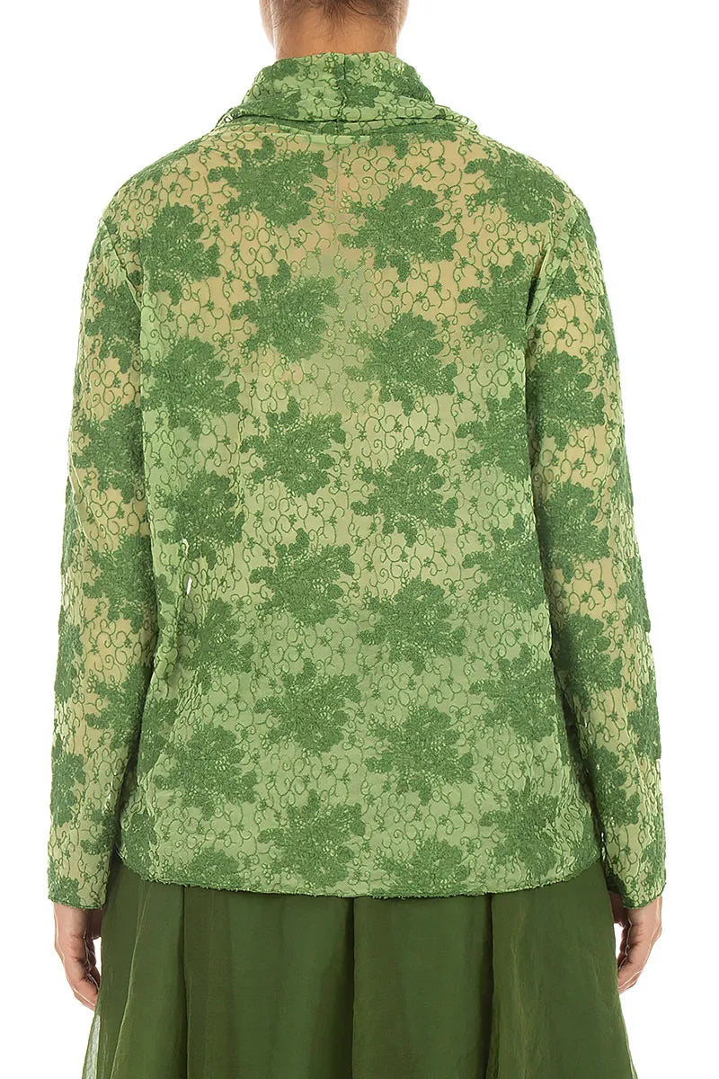 Cowl Neck Shamrock Green Floral Cotton Lace Blouse