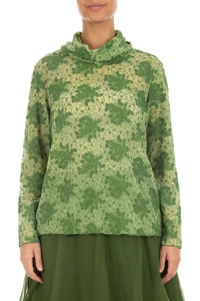 Cowl Neck Shamrock Green Floral Cotton Lace Blouse 1