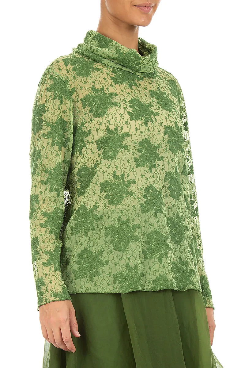 Cowl Neck Shamrock Green Floral Cotton Lace Blouse 3