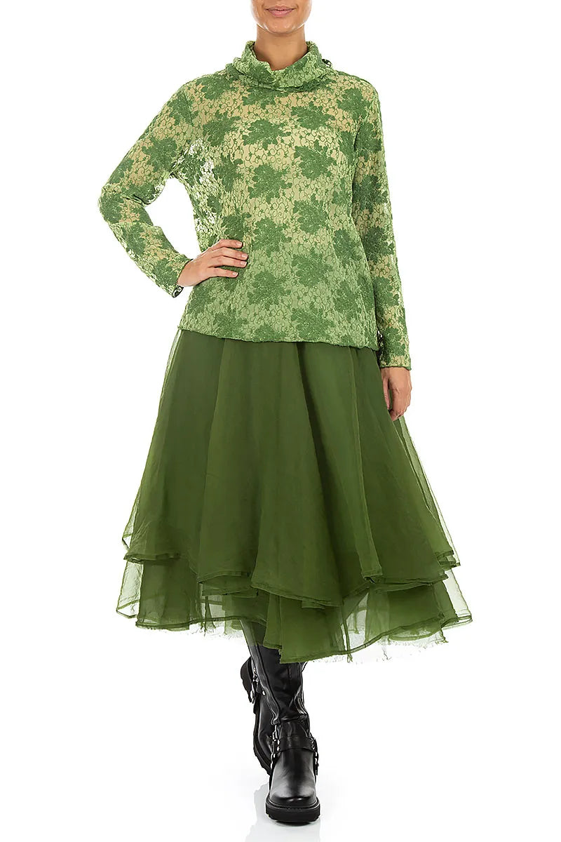 Cowl Neck Shamrock Green Floral Cotton Lace Blouse