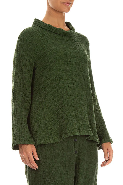 Cowl Neck Shamrock Green Textured Linen Blouse 3