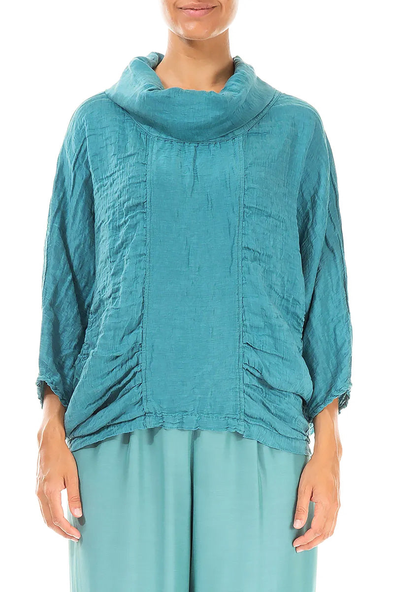 Cowl Neck Textured Turquoise Silk Linen Blouse 1
