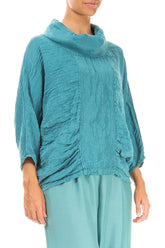 Cowl Neck Textured Turquoise Silk Linen Blouse 3