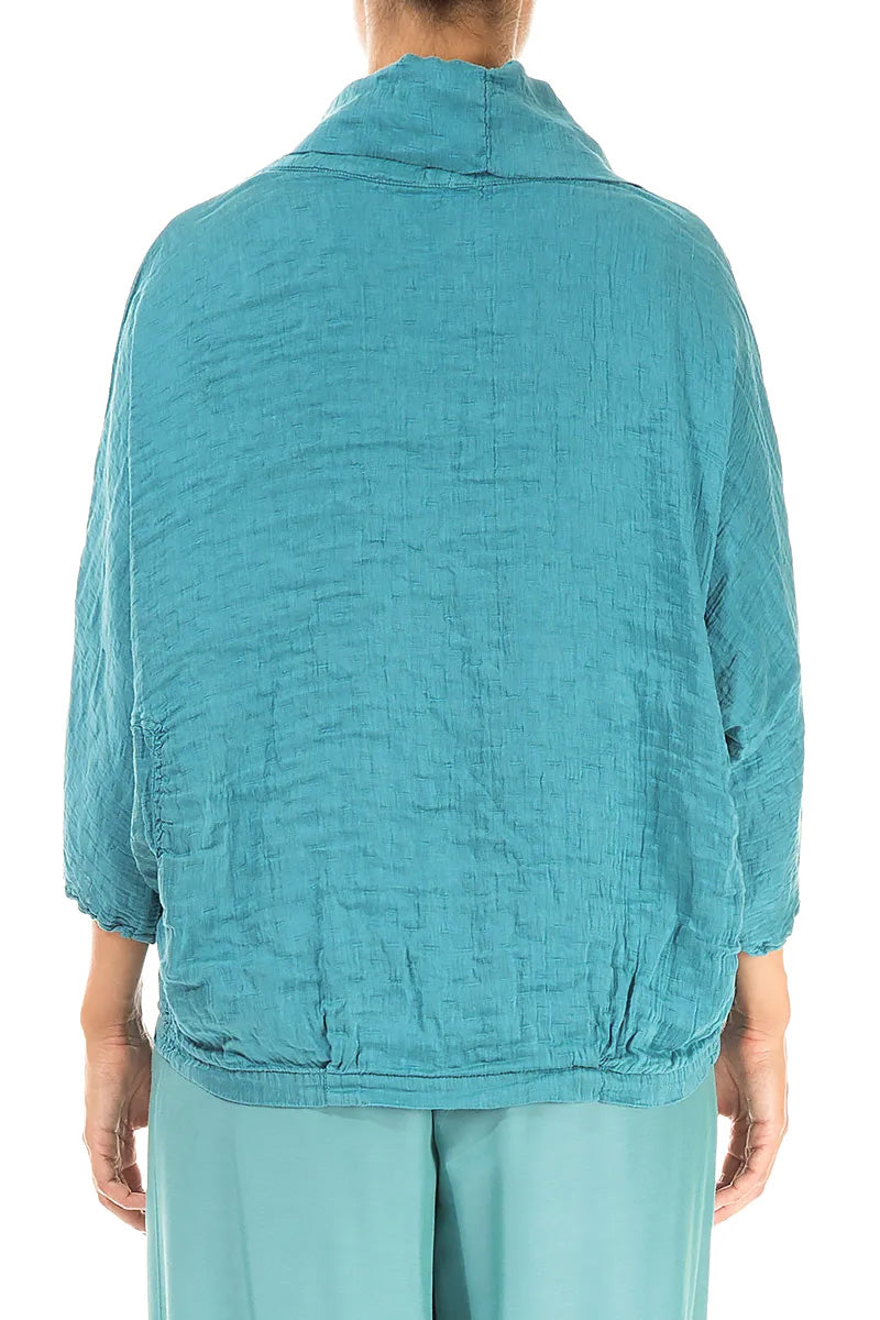 Cowl Neck Textured Turquoise Silk Linen Blouse 2