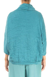 Cowl Neck Textured Turquoise Silk Linen Blouse 2