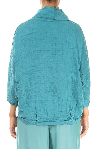 Cowl Neck Textured Turquoise Silk Linen Blouse 2