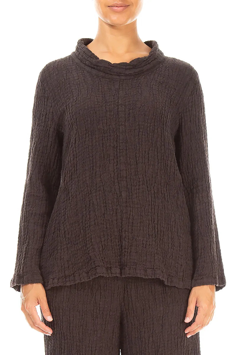 Cowl Neck Truffle Brown Textured Linen Blouse 1