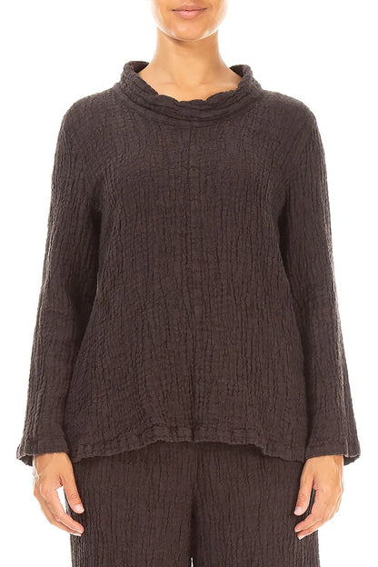Cowl Neck Truffle Brown Textured Linen Blouse 1