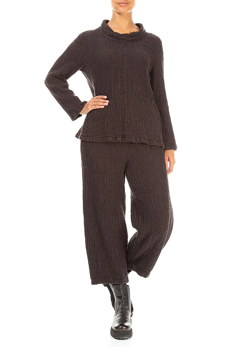 Cowl Neck Truffle Brown Textured Linen Blouse 4
