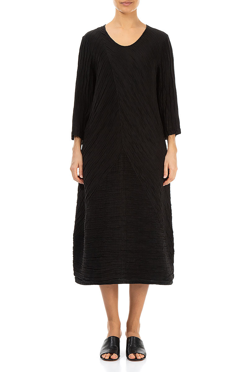 Crinkled Black Silk Linen Midi Dress 1