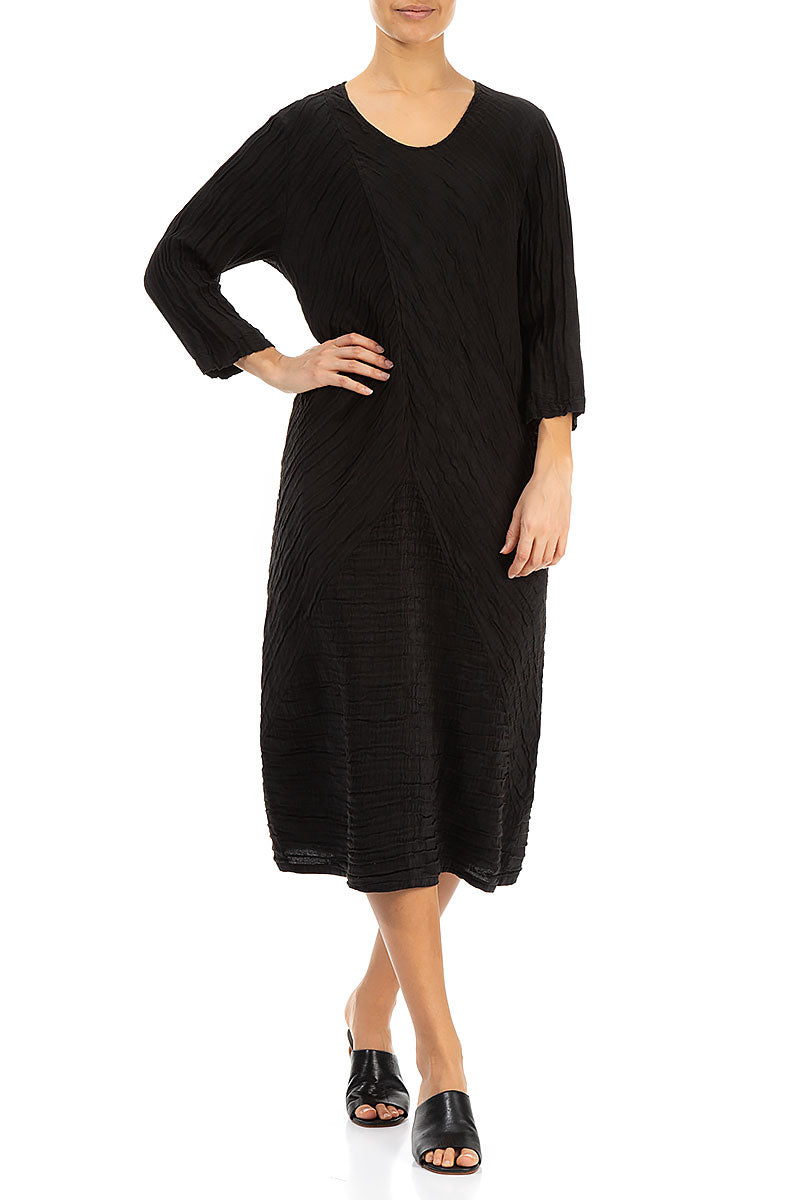 Crinkled Black Silk Linen Midi Dress 4