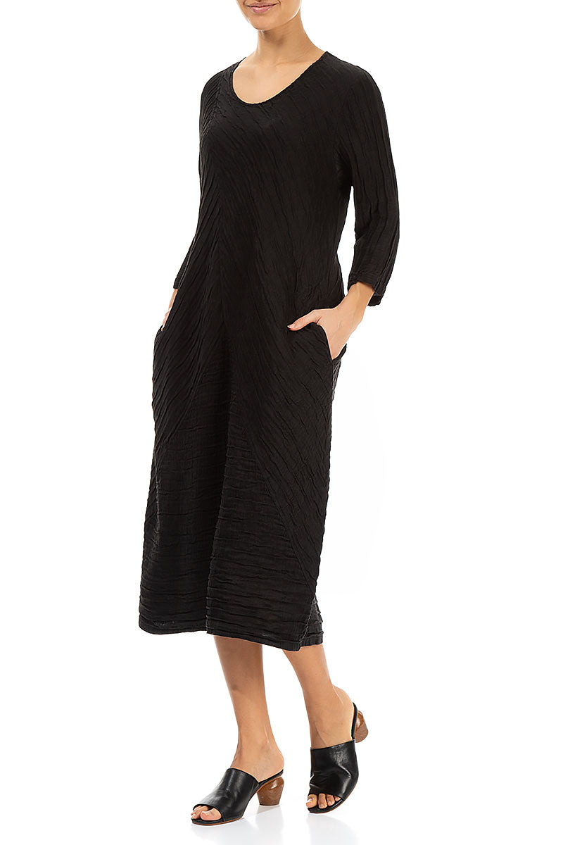 Crinkled Black Silk Linen Midi Dress 3