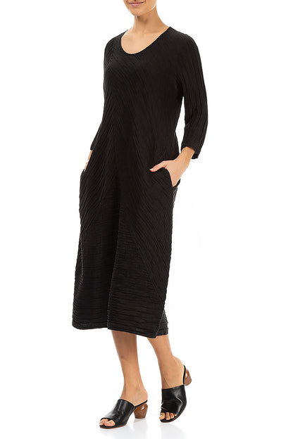 Crinkled Black Silk Linen Midi Dress 3