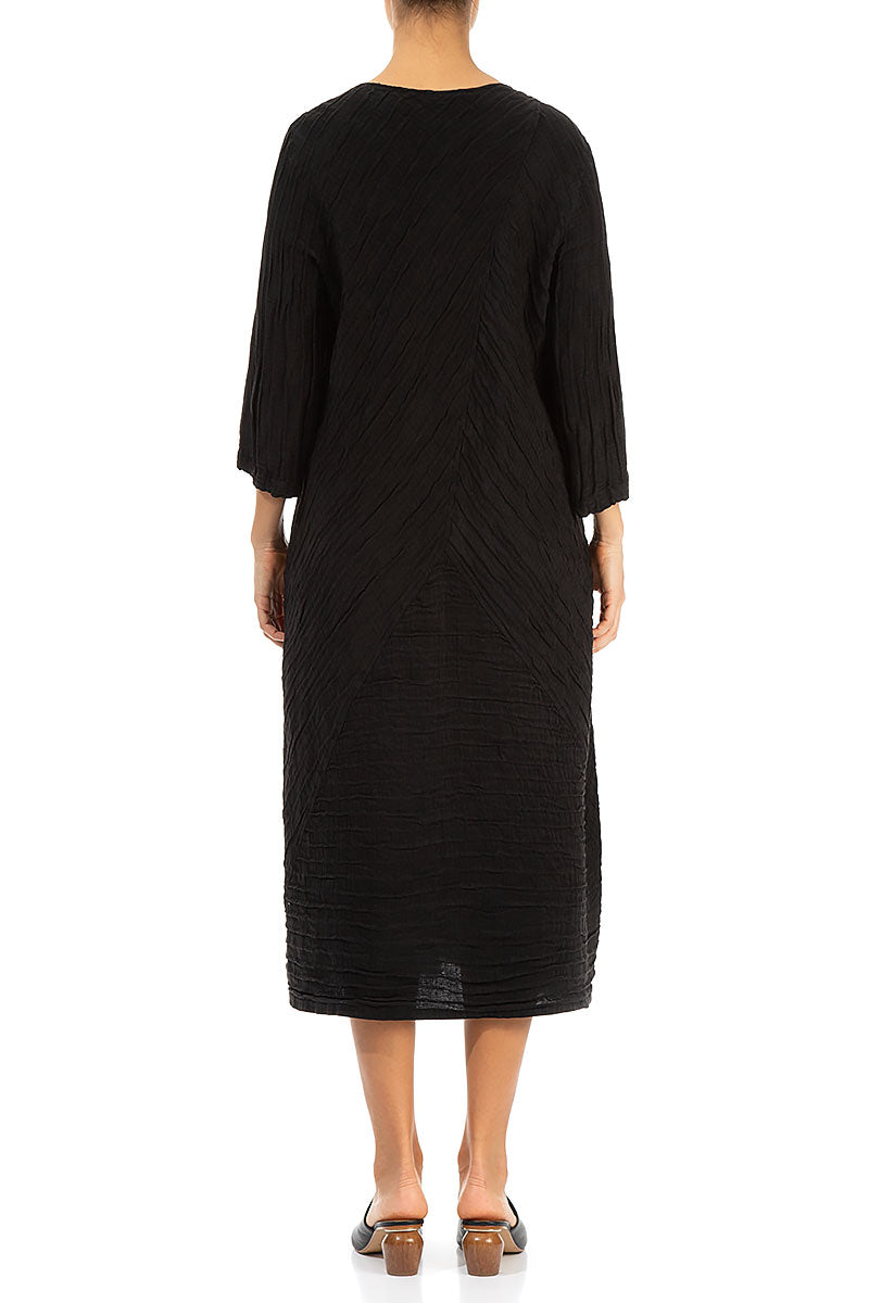 Crinkled Black Silk Linen Midi Dress 2