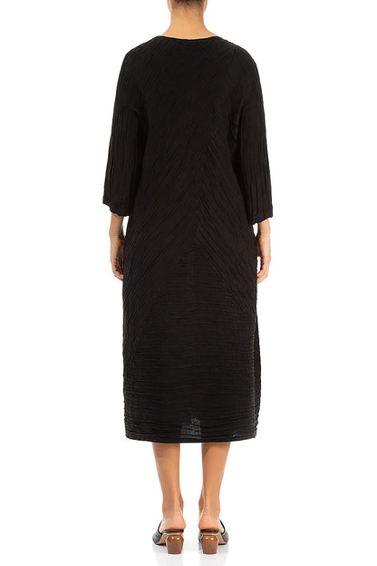 Crinkled Black Silk Linen Midi Dress 2