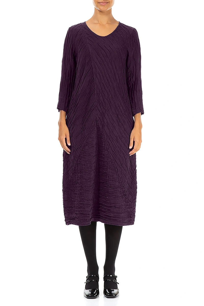 Crinkle-Midikleid aus Dunkelpflaume-Seide und Leinen