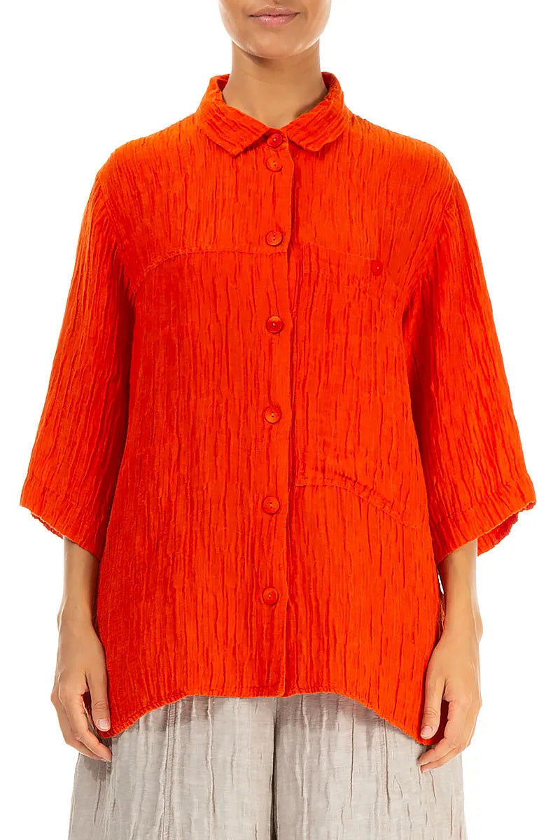 Crinkled Flame Orange Silk Shirt 2